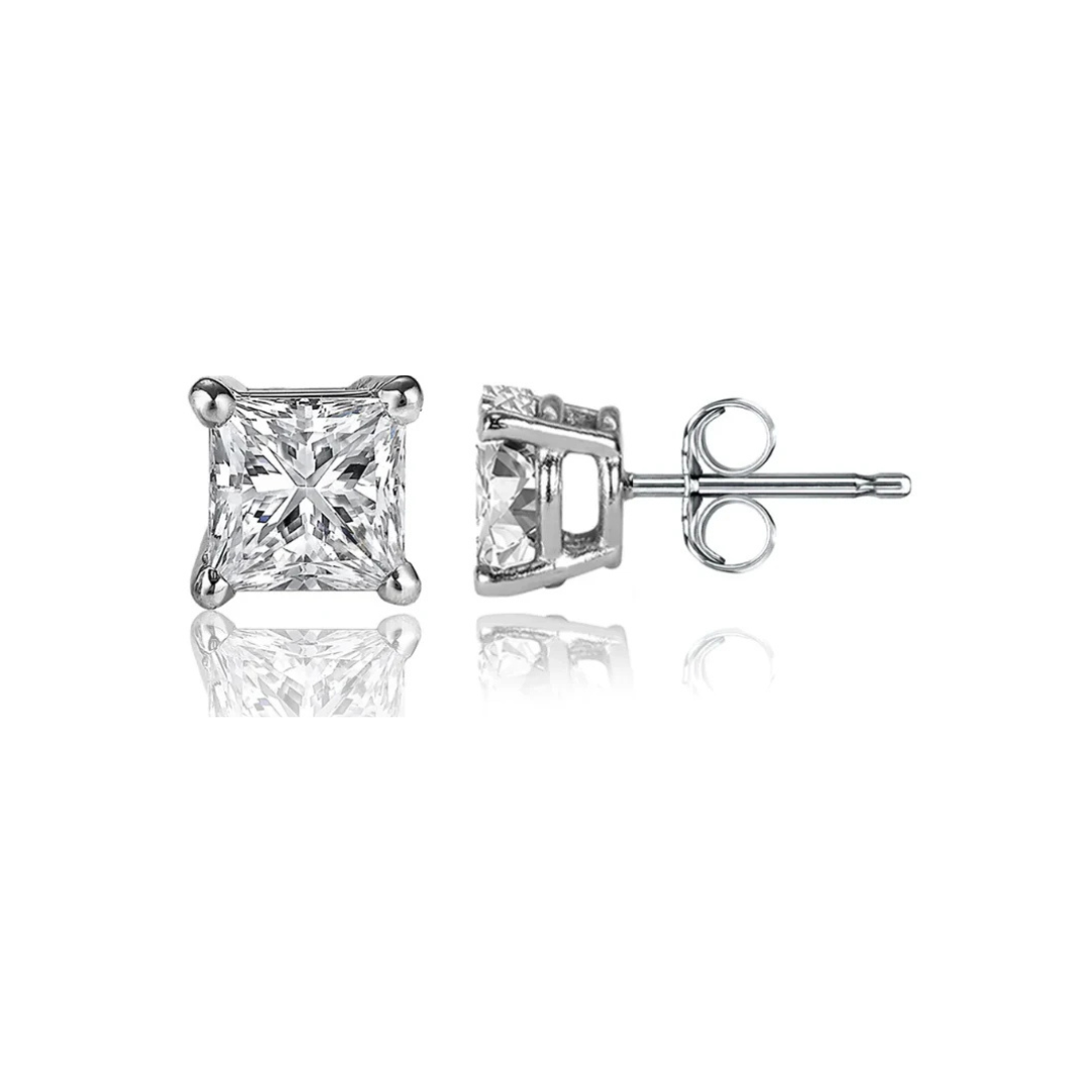Four Prong Princess Diamond Studs in White Gold